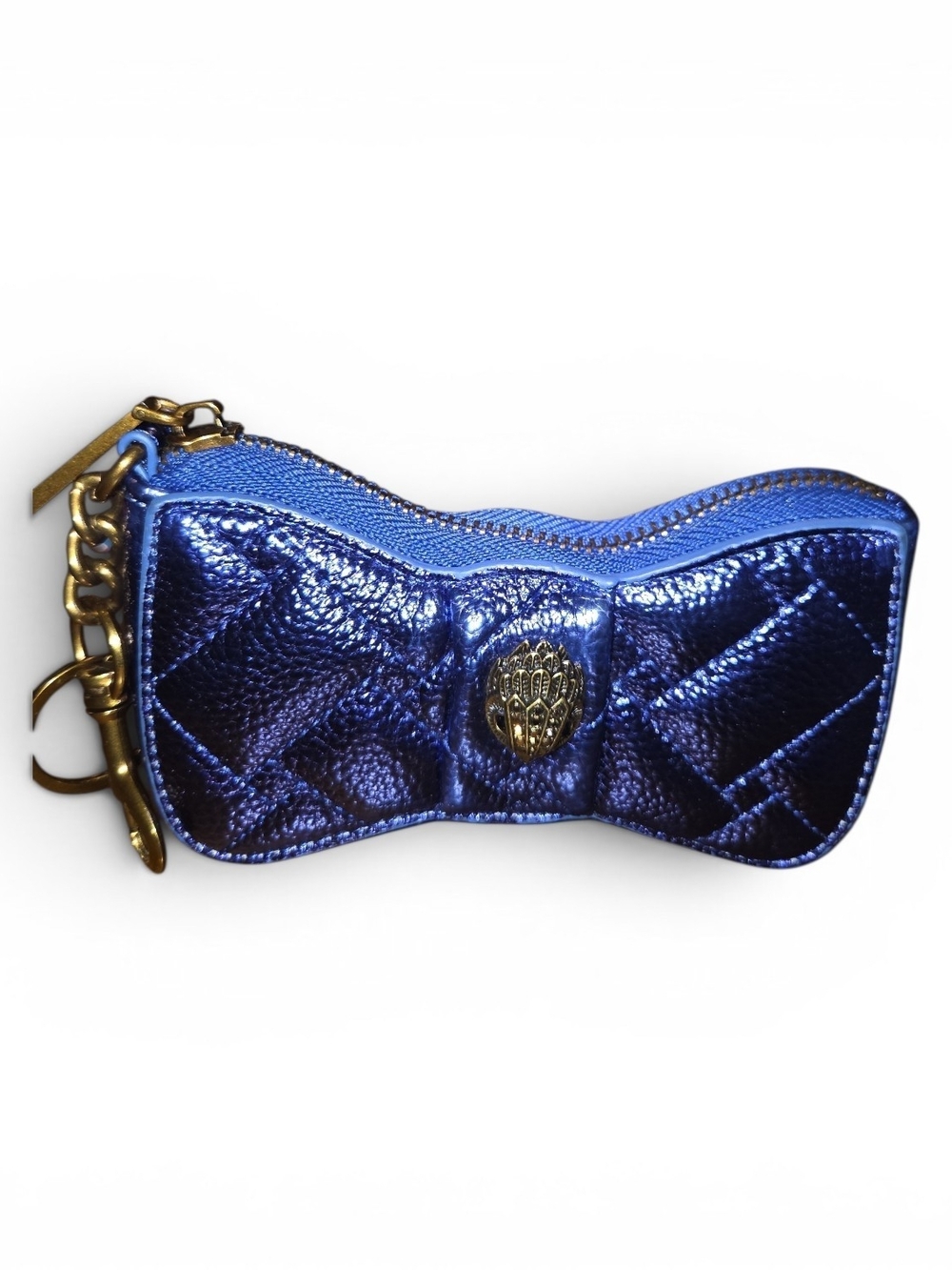 Kurt Geiger Metallic Blue Bow Keychain Pouch with Gold Accent